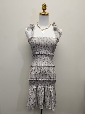 Chou Yatou Smocked Floral Midi Dress Tie Shoulder Cottagecore Size XSmall